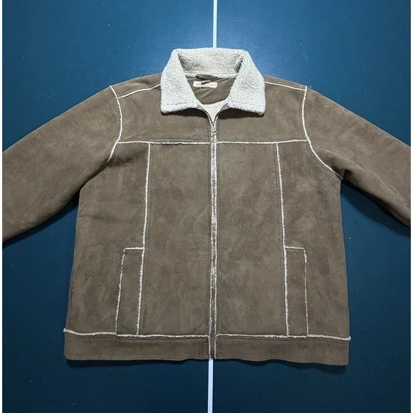 Vtg Aeropostale Faux Suede Leather Jacket Sherpa Lined Men's Large Brown 90s Y2K